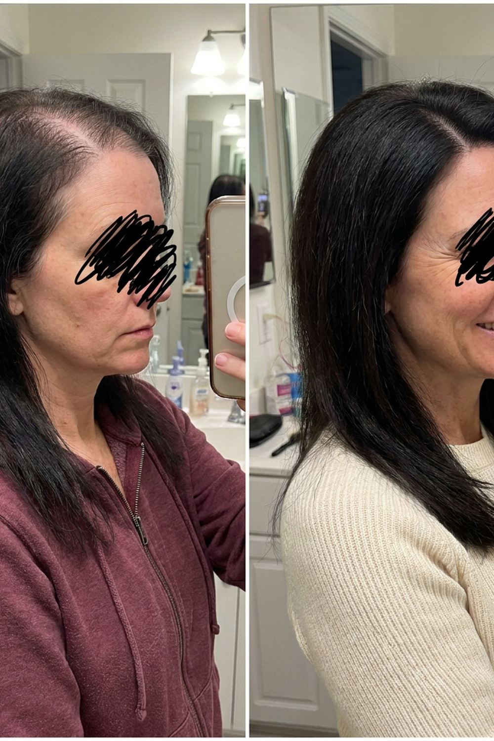 Before and after covering a widening part with a hair topper