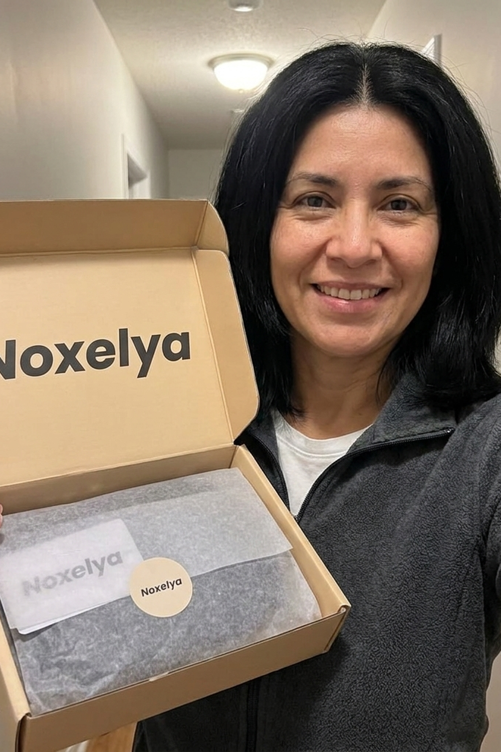 Woman wearing a Noxelya hair topper