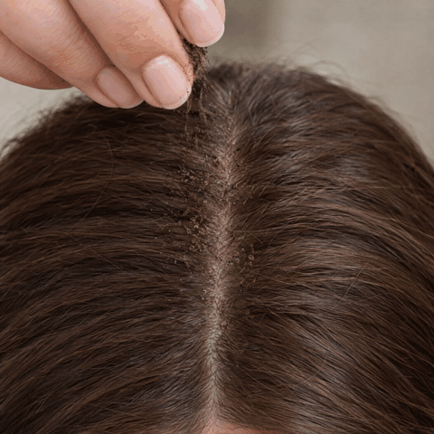 Hair fibers being sprinkled over a thinning part line